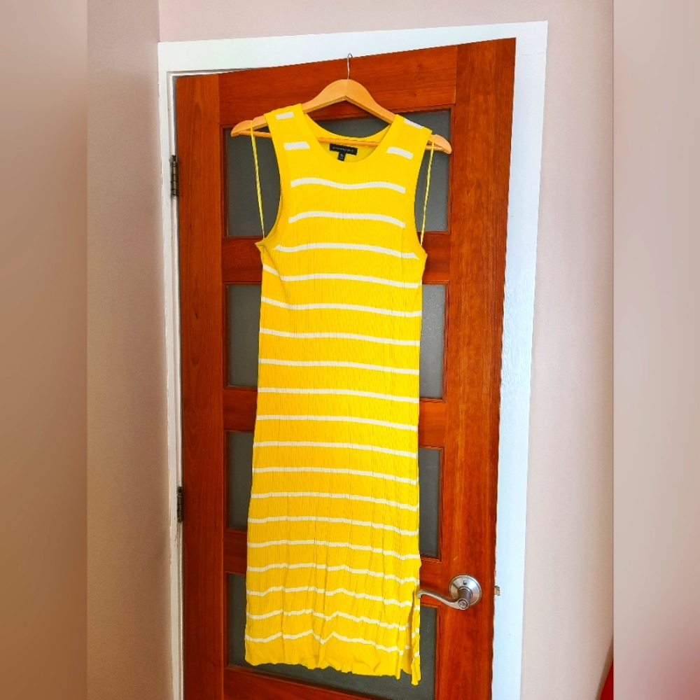 Yellow and white striped knit dress